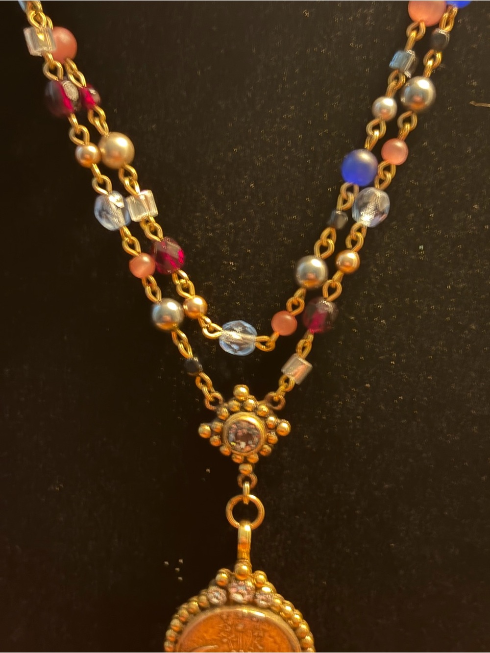Virgins Saints & Angels lotus Beaded Pendant Necklace with Gold Medallion - Picture 3 of 8